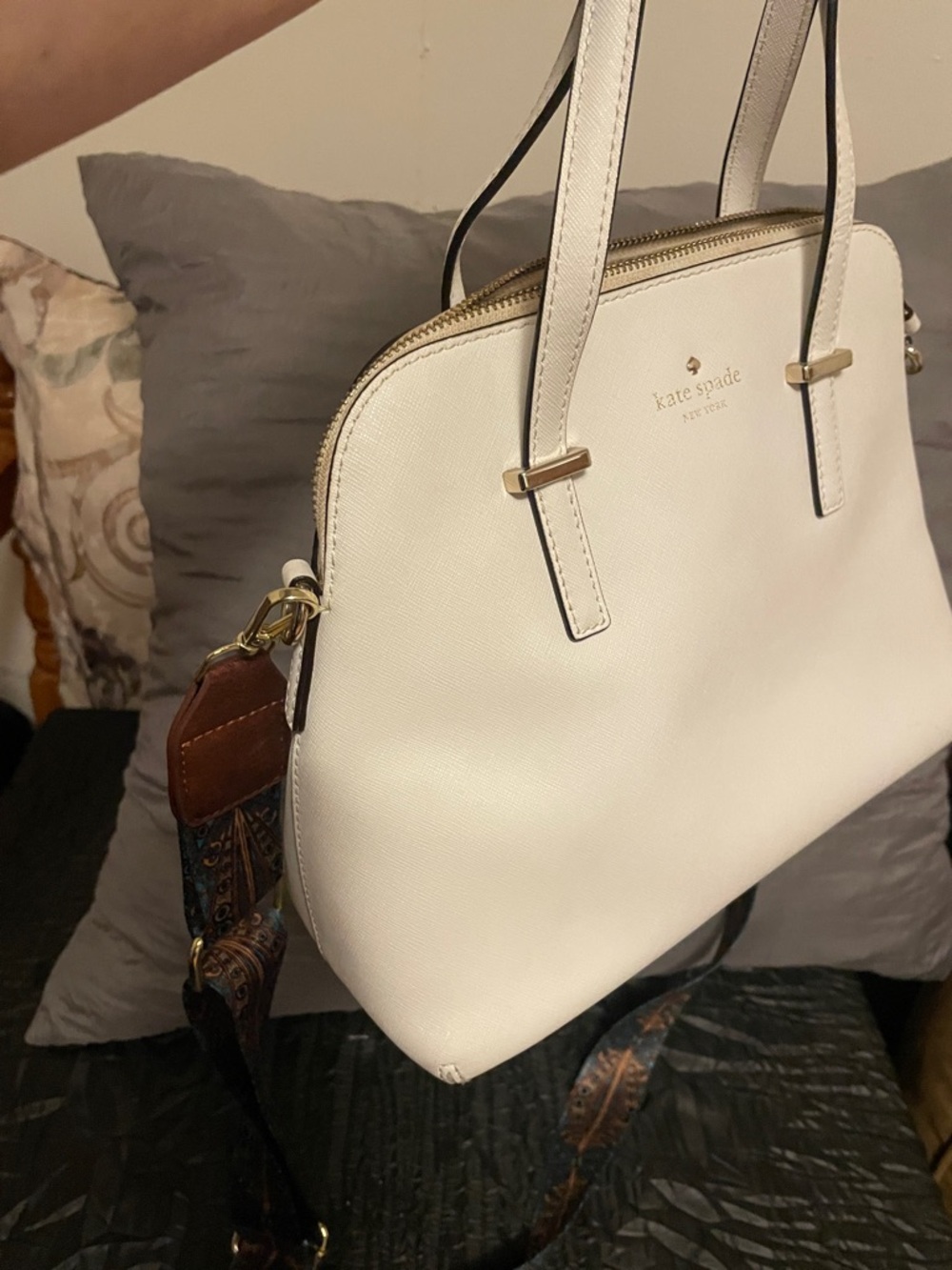 kate spade Cream Saffiano Leather Satchel with Patterned Strap - Picture 5 of 16